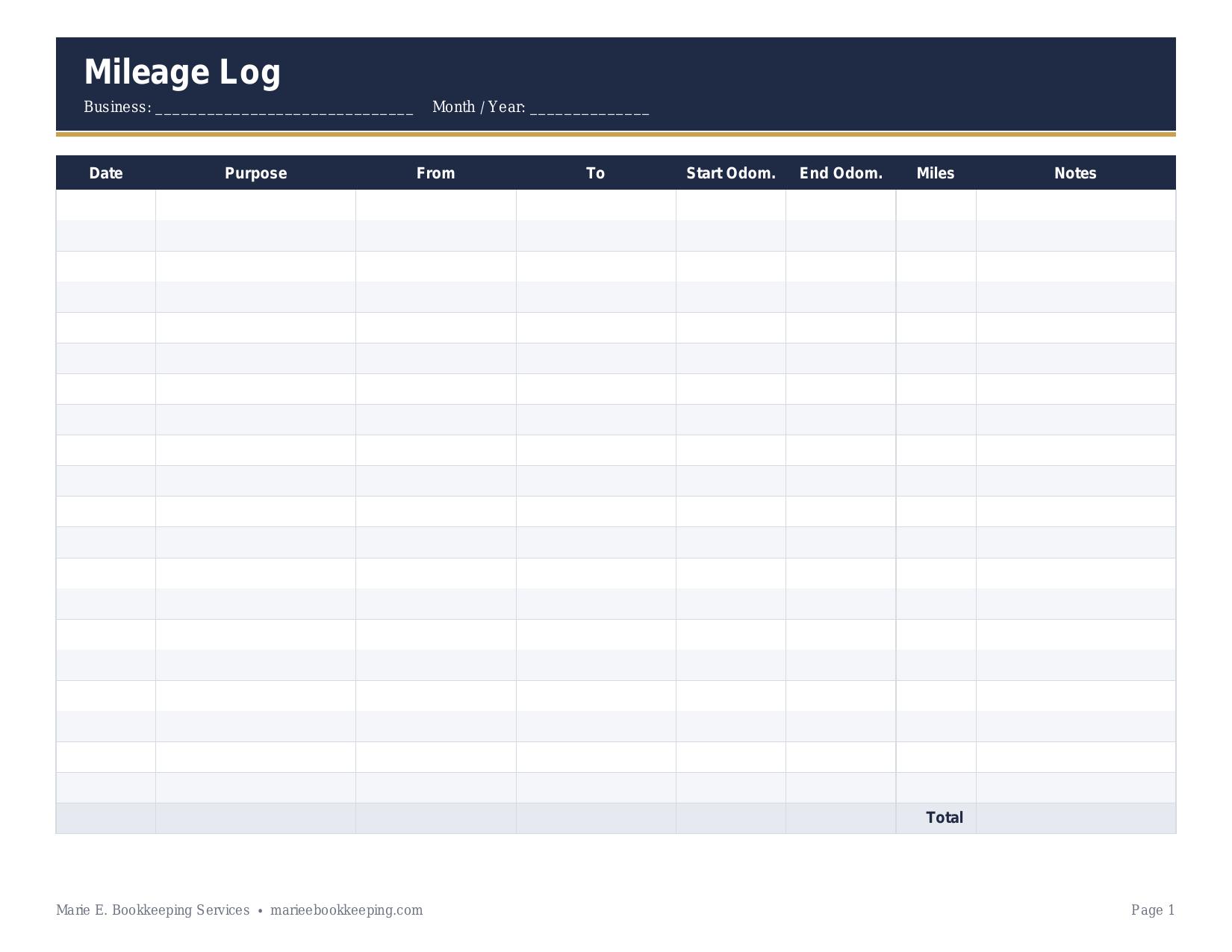 Preview of the Mileage Log printable PDF