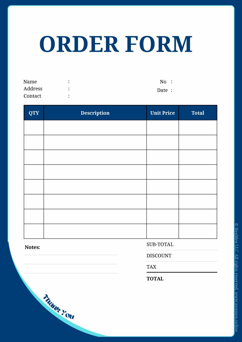 Preview of the Order Form printable PDF