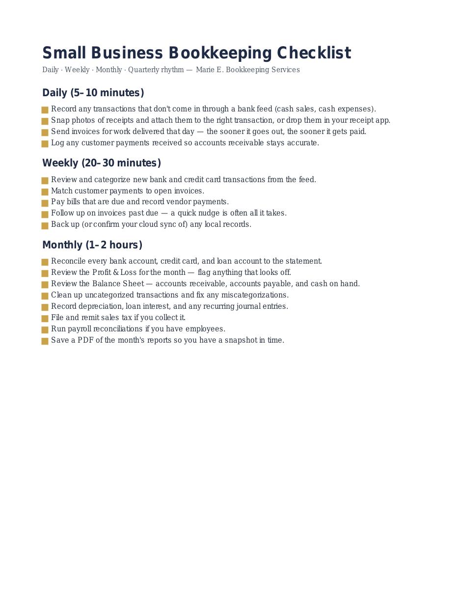 Preview of the Bookkeeping Checklist printable PDF